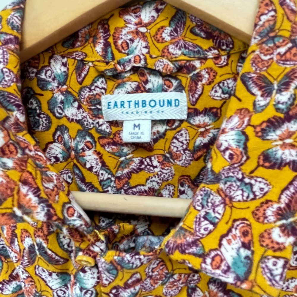 Earthbound Trading Co Butterfly Print Rayon Button Down Shirt Mustard Yellow M - Picture 5 of 5